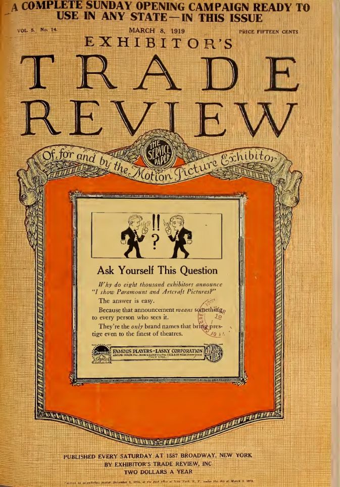 EXHIBITORS TRADE REVIEW magazine side cover 8 March 1919