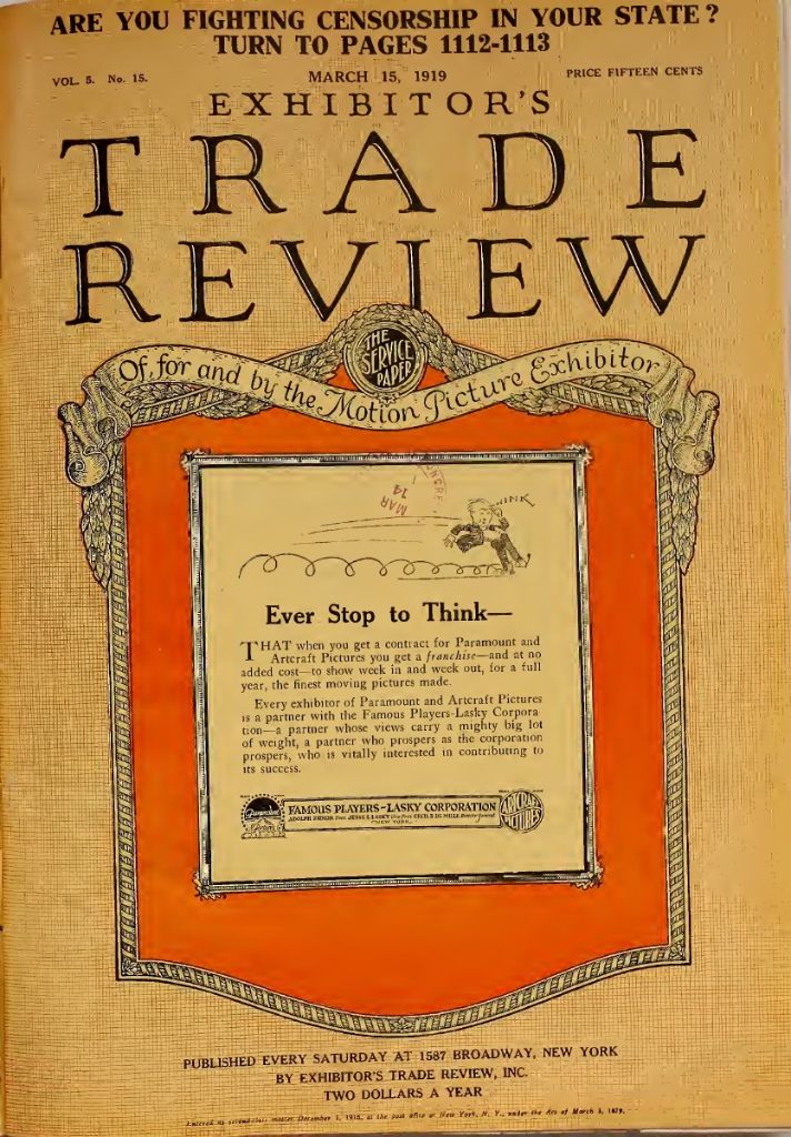 EXHIBITORS TRADE REVIEW magazine side cover 15 March 1919