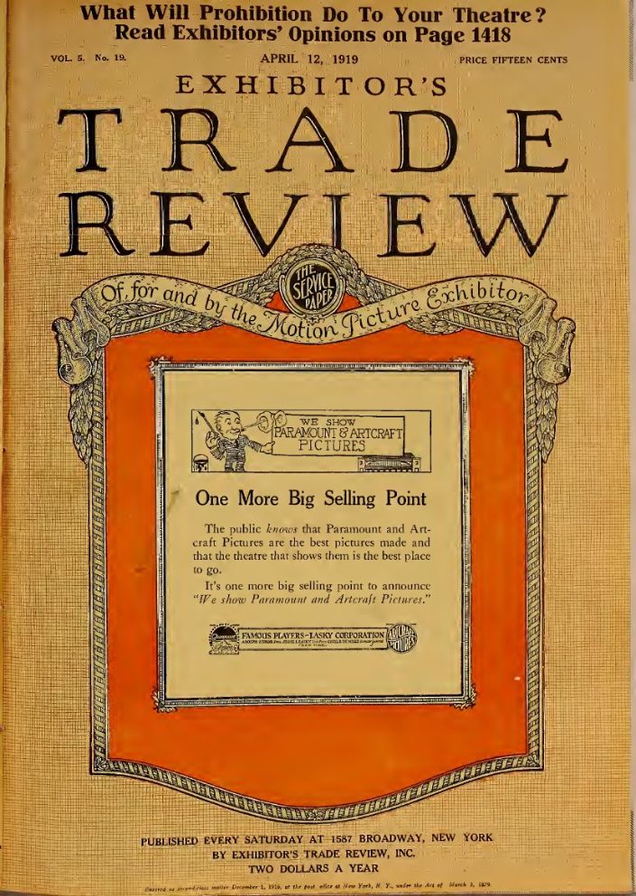 EXHIBITORS TRADE REVIEW magazine side cover 12 April 1919