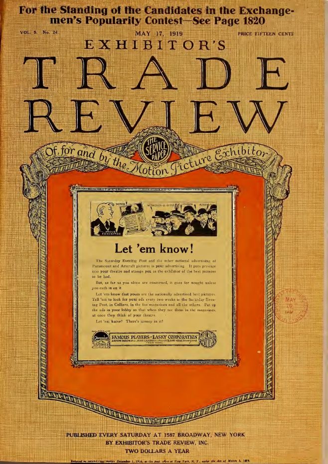 EXHIBITORS TRADE REVIEW magazine side cover 17 May 1919