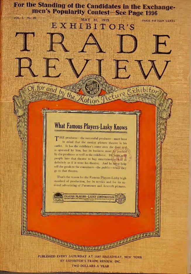 EXHIBITORS TRADE REVIEW magazine side cover 31 May 1919