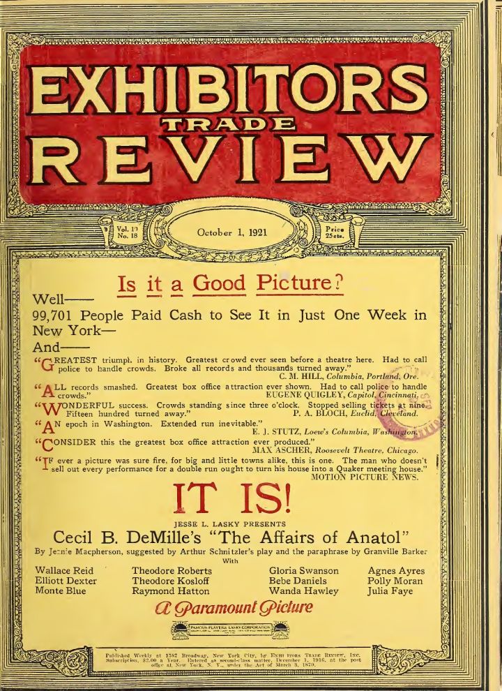 EXHIBITORS TRADE REVIEW magazine side cover 1 October 1921