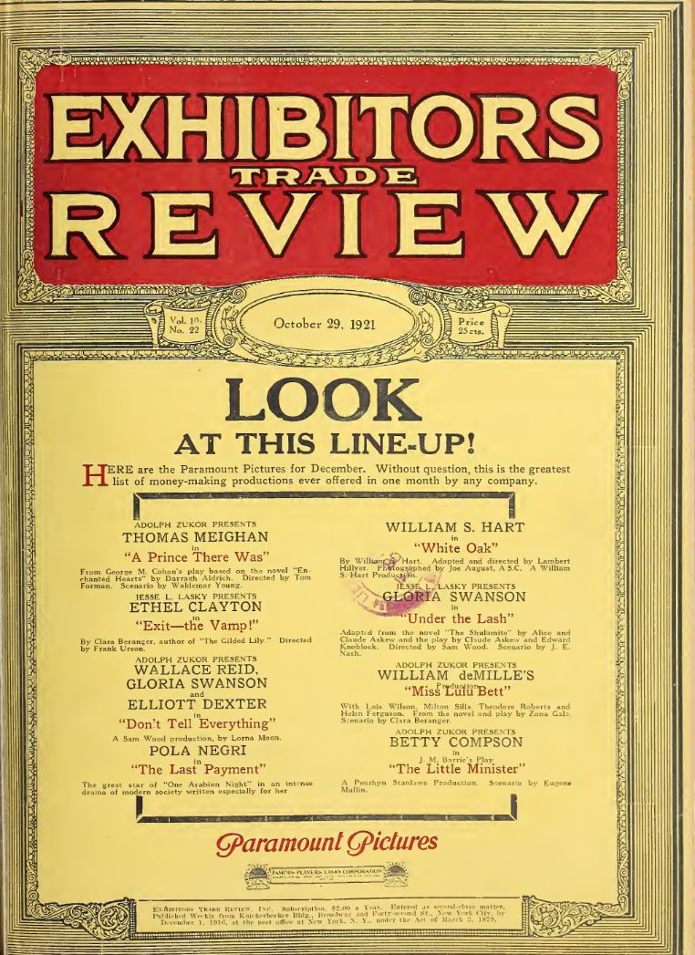 EXHIBITORS TRADE REVIEW magazine side cover 29 October 1921