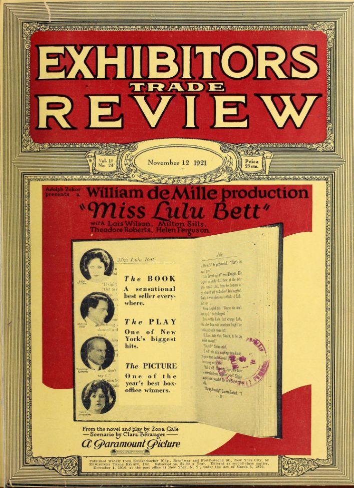 EXHIBITORS TRADE REVIEW magazine side cover 12 November 1921