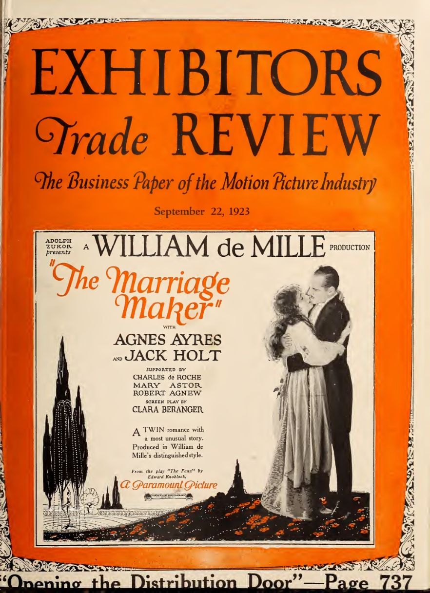 EXHIBITORS TRADE REVIEW magazine side cover 22 September 1923