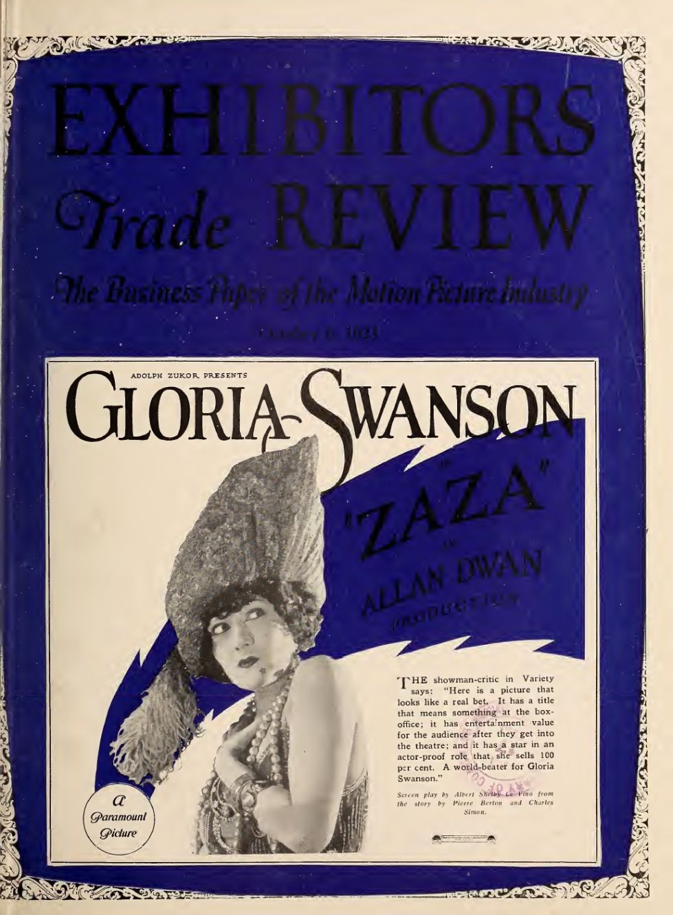 EXHIBITORS TRADE REVIEW magazine side cover 6 October 1923