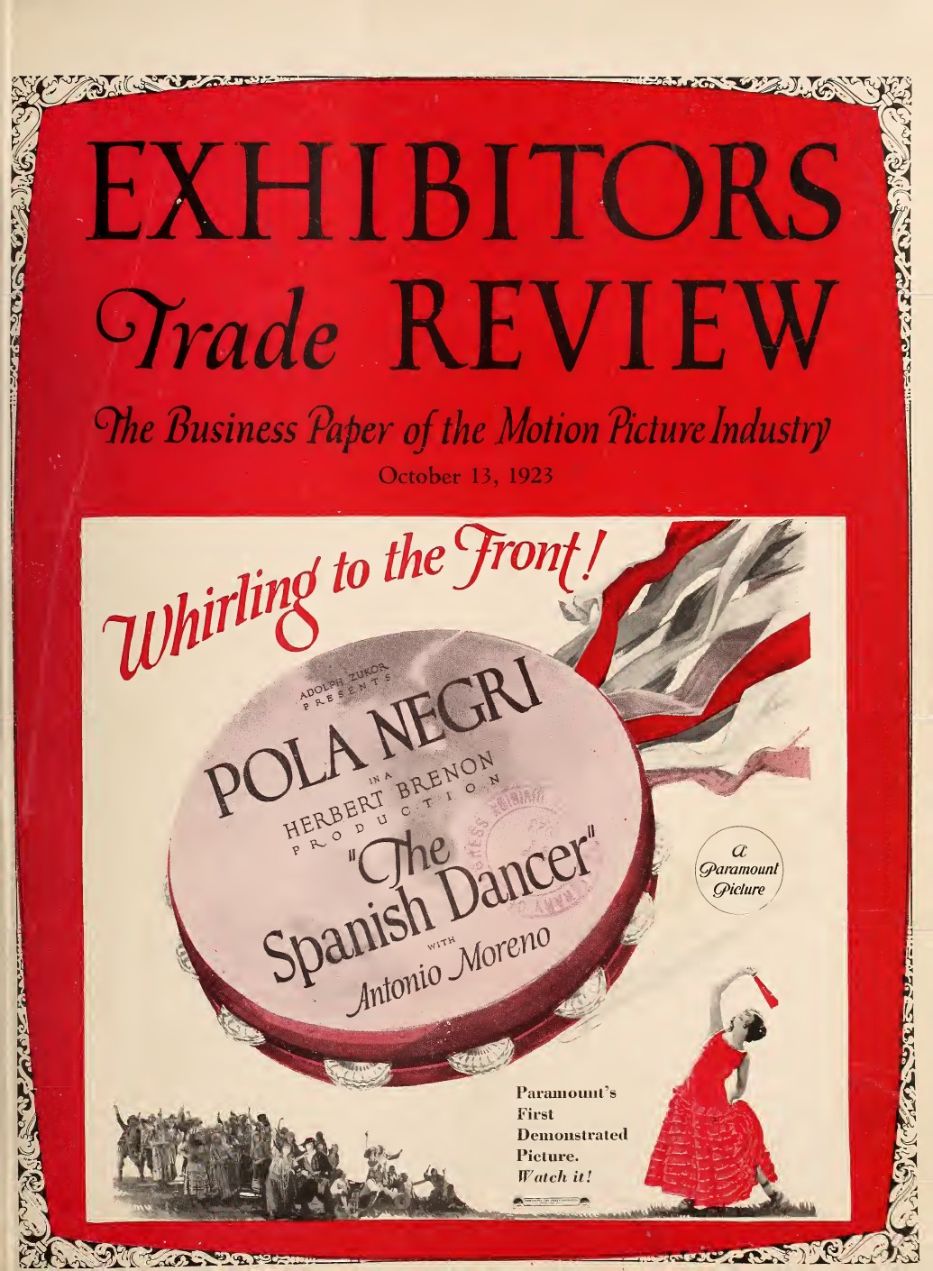 EXHIBITORS TRADE REVIEW magazine side cover 13 October 1923