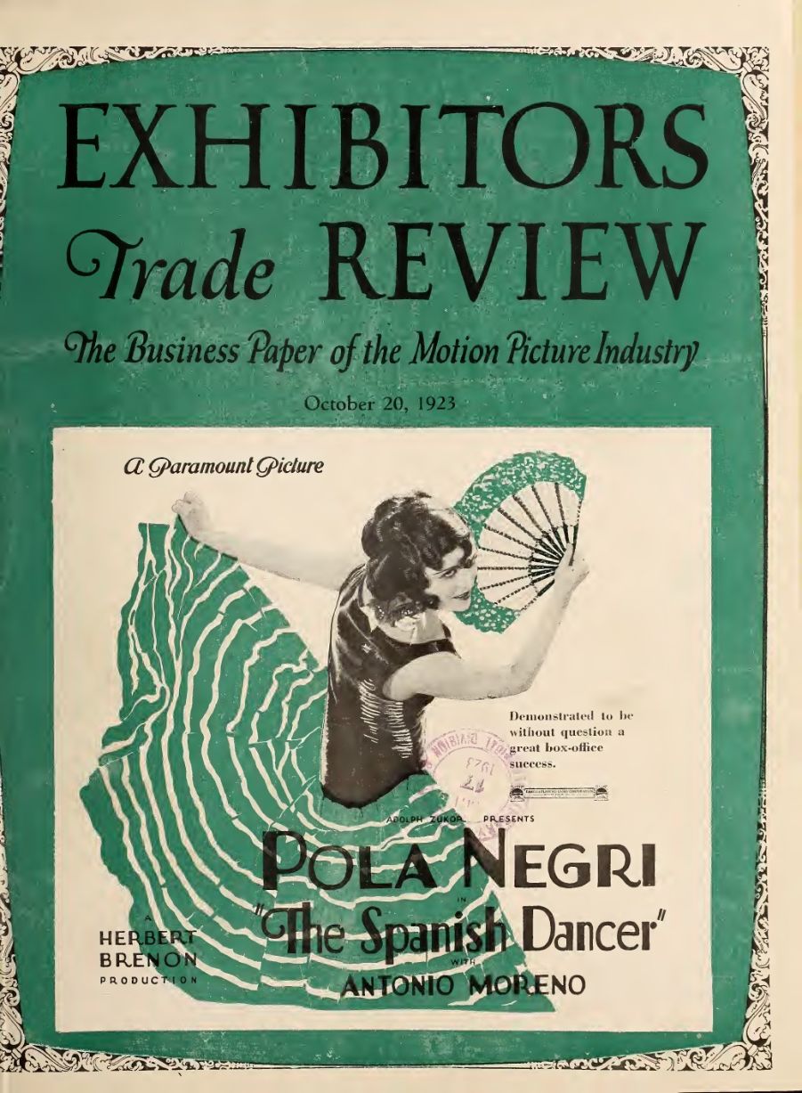 EXHIBITORS TRADE REVIEW magazine side cover 20 October 1923