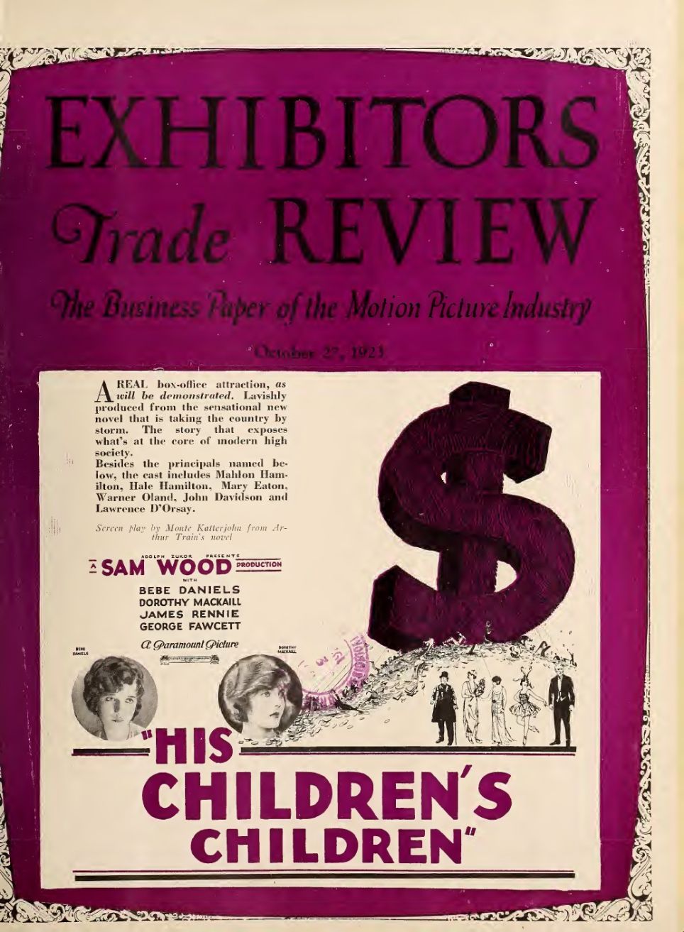 EXHIBITORS TRADE REVIEW magazine side cover 27 October 1923