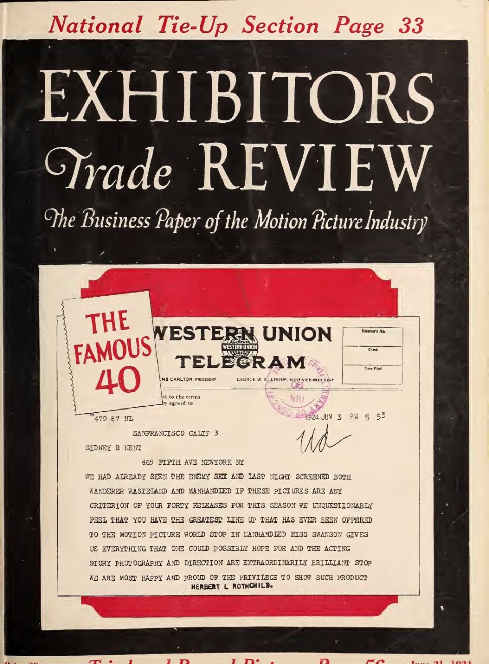 EXHIBITORS TRADE REVIEW magazine side cover 21 June 1924