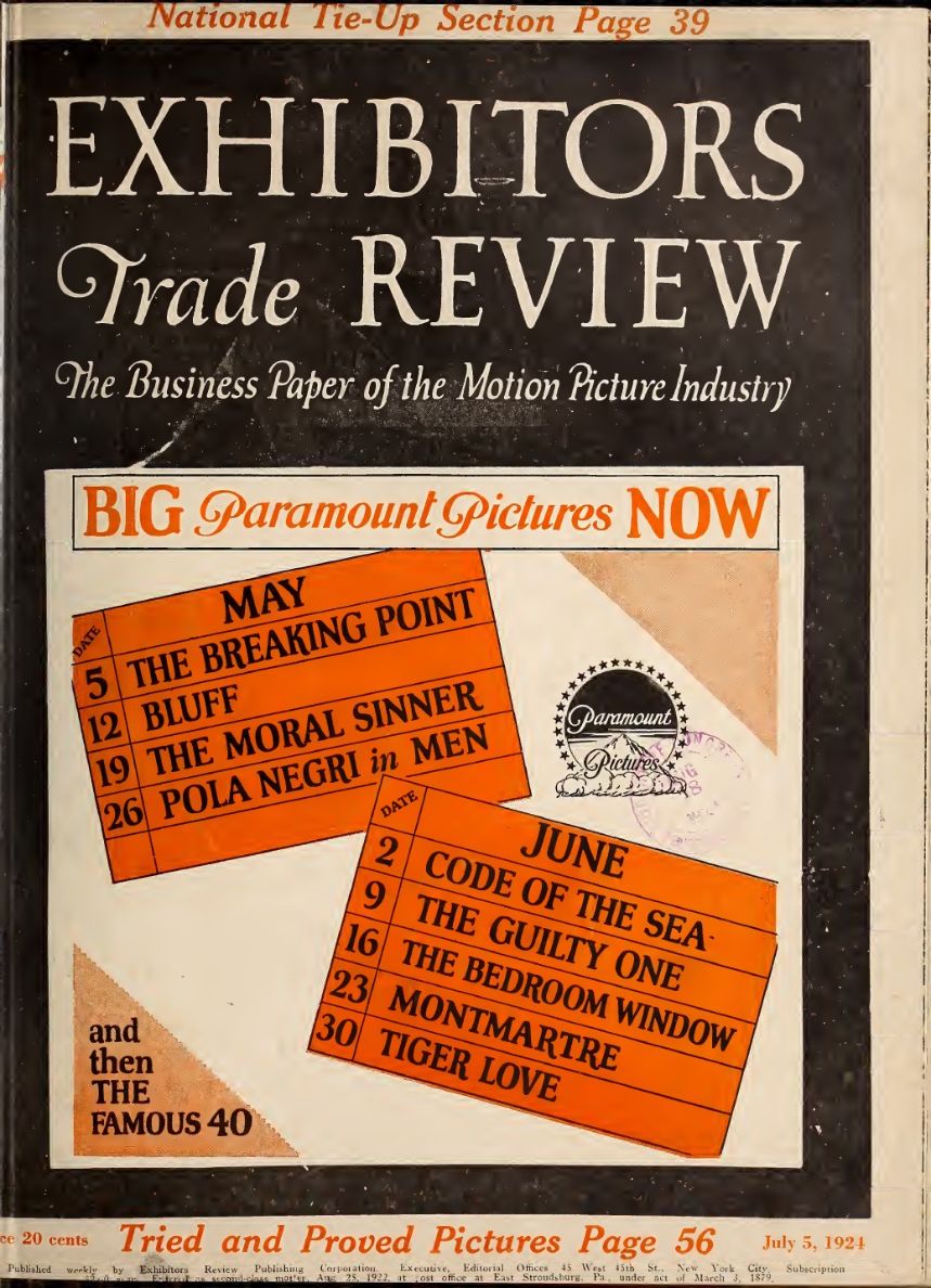 EXHIBITORS TRADE REVIEW magazine side cover 5 July 1924