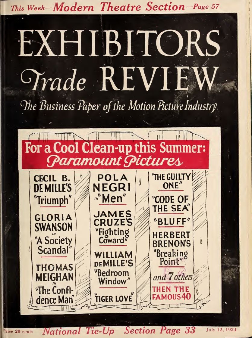 EXHIBITORS TRADE REVIEW magazine side cover 12 July 1924