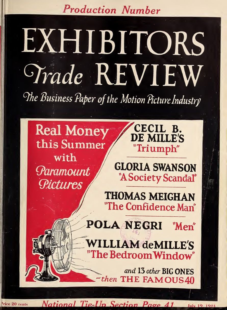 EXHIBITORS TRADE REVIEW magazine side cover 19 July 1924