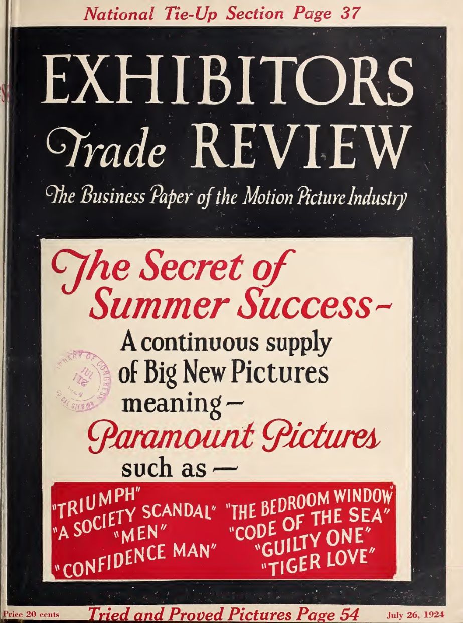 EXHIBITORS TRADE REVIEW magazine side cover 26 July 1924