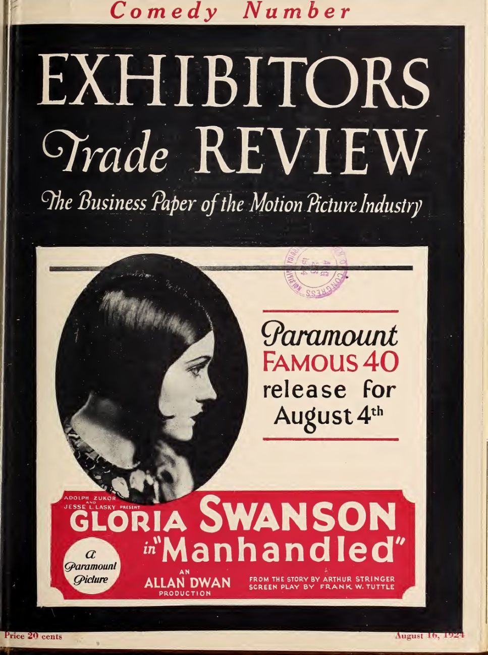 EXHIBITORS TRADE REVIEW magazine side cover 16 August 1924