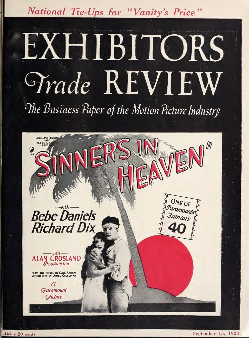 EXHIBITORS TRADE REVIEW magazine side cover 13 September 1924