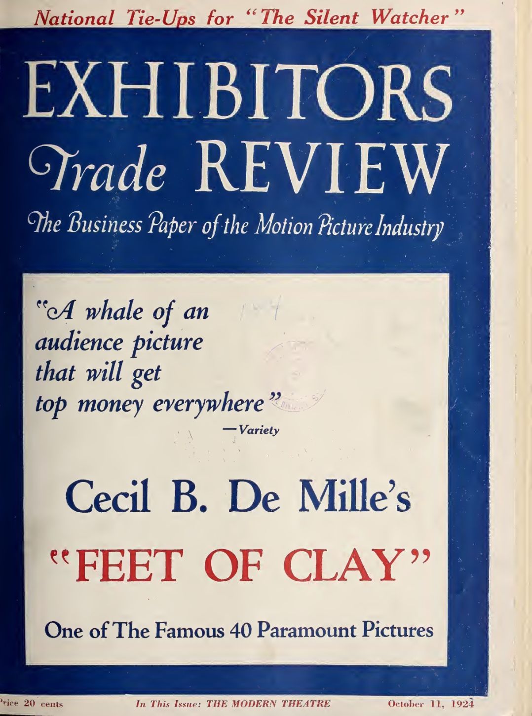 EXHIBITORS TRADE REVIEW magazine side cover 11 October 1924