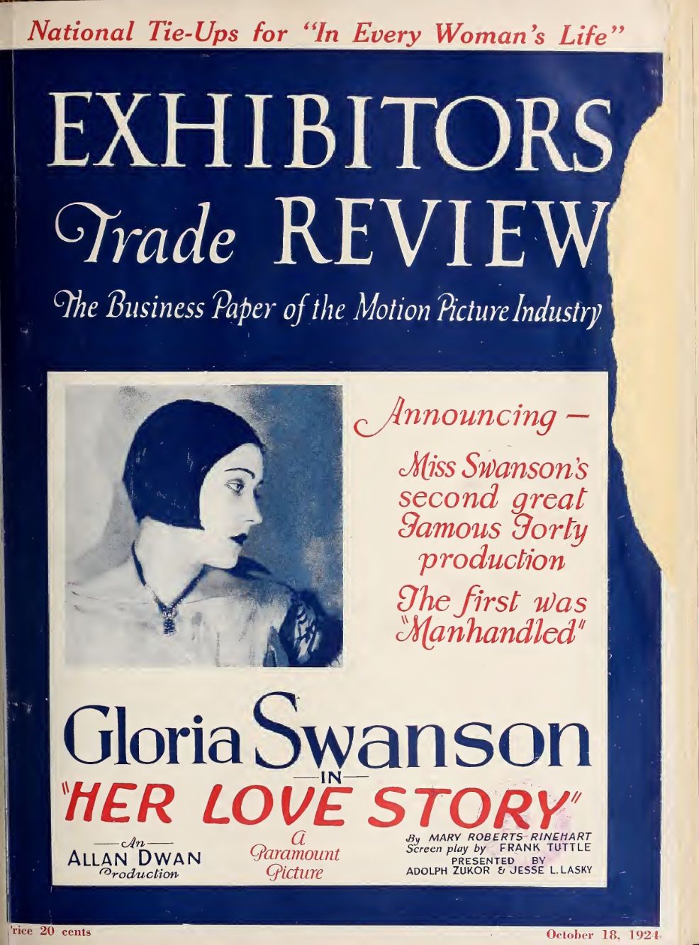 EXHIBITORS TRADE REVIEW magazine side cover 18 October 1924