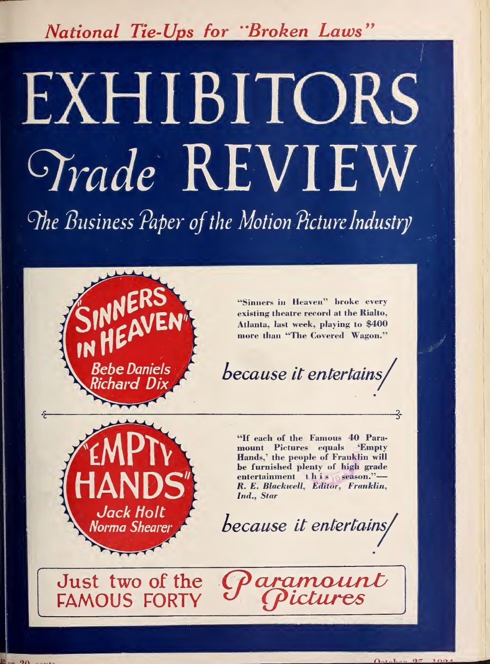 EXHIBITORS TRADE REVIEW magazine side cover 26 October 1924