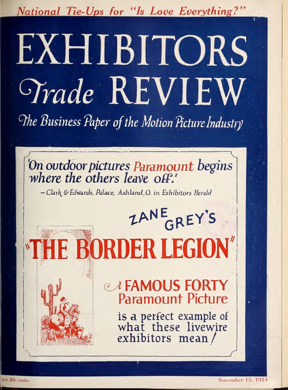 EXHIBITORS TRADE REVIEW magazine side cover 15 November 1924