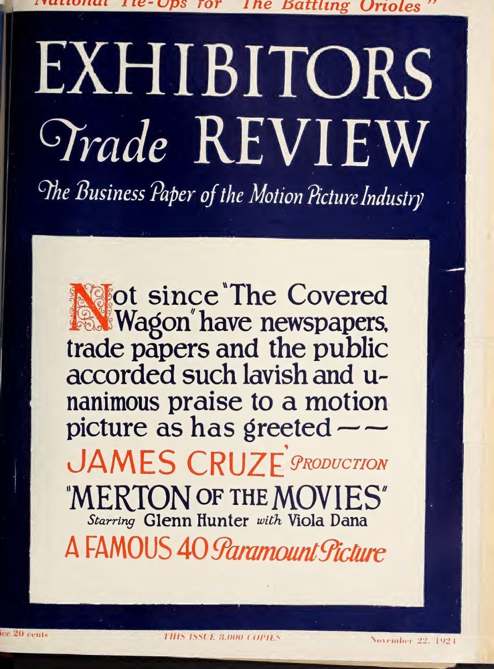 EXHIBITORS TRADE REVIEW magazine side cover 22 November 1924