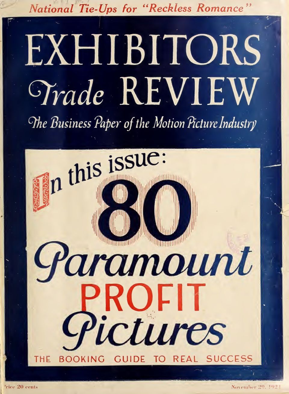 EXHIBITORS TRADE REVIEW magazine side cover 29 November 1924