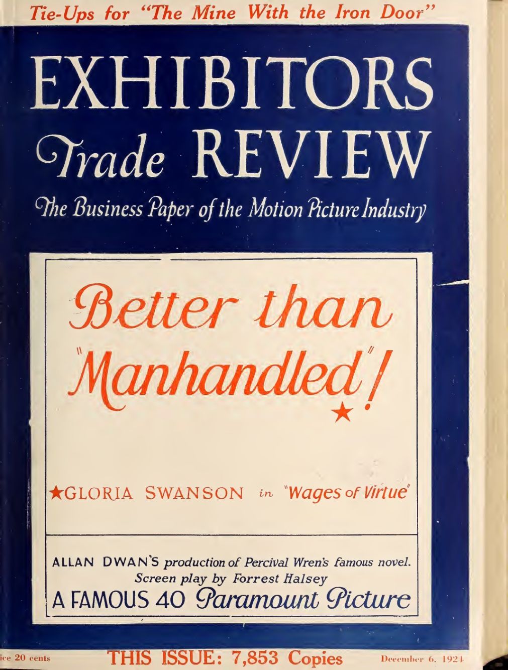 EXHIBITORS TRADE REVIEW magazine side cover 6 December 1924