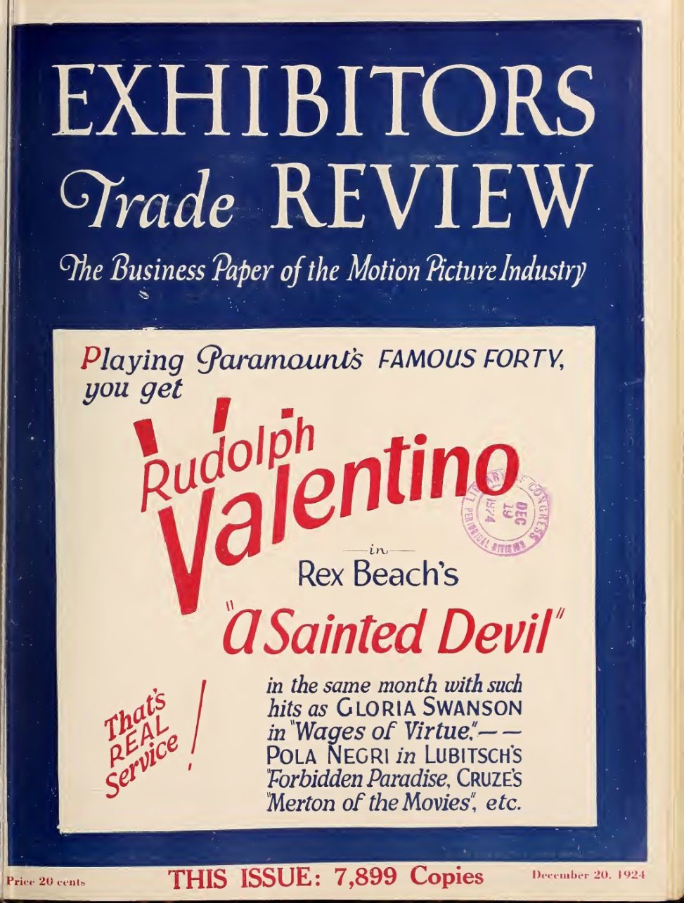 EXHIBITORS TRADE REVIEW magazine side cover 20 December 1924