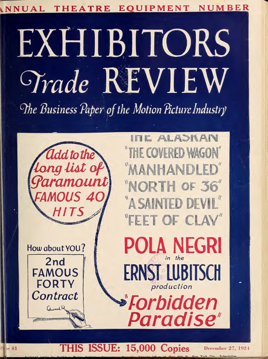 EXHIBITORS TRADE REVIEW magazine side cover 27 December 1924