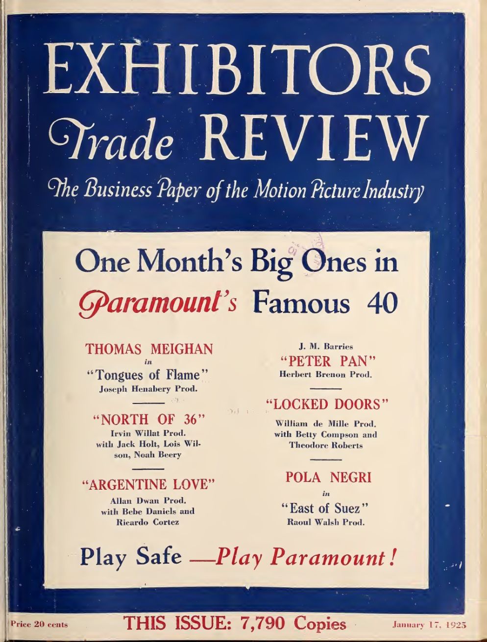 EXHIBITORS TRADE REVIEW magazine side cover 17 January 1925