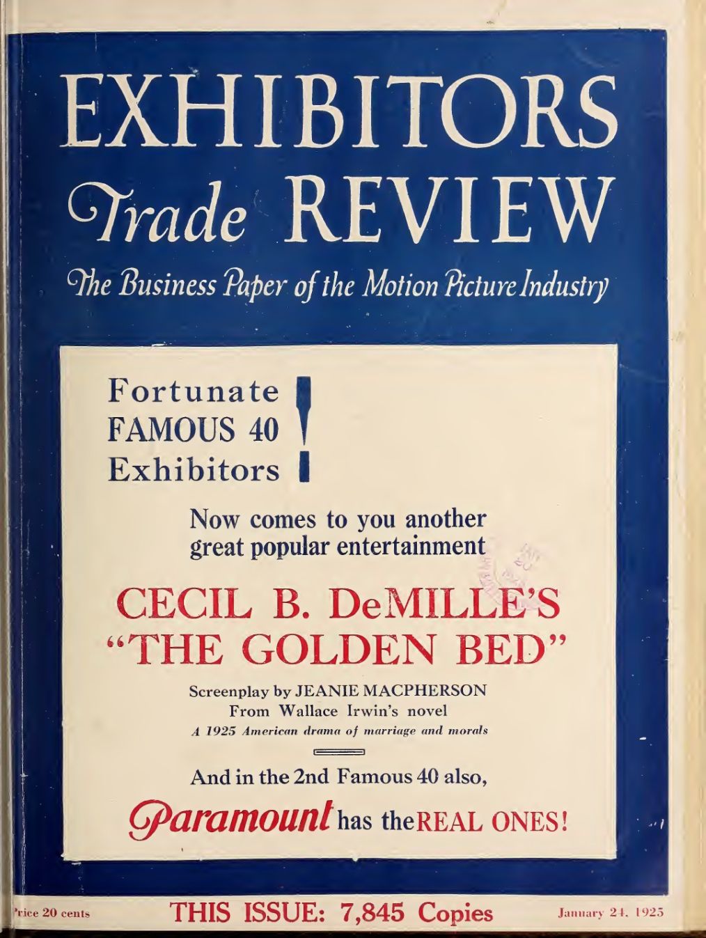 EXHIBITORS TRADE REVIEW magazine side cover 24 January 1925