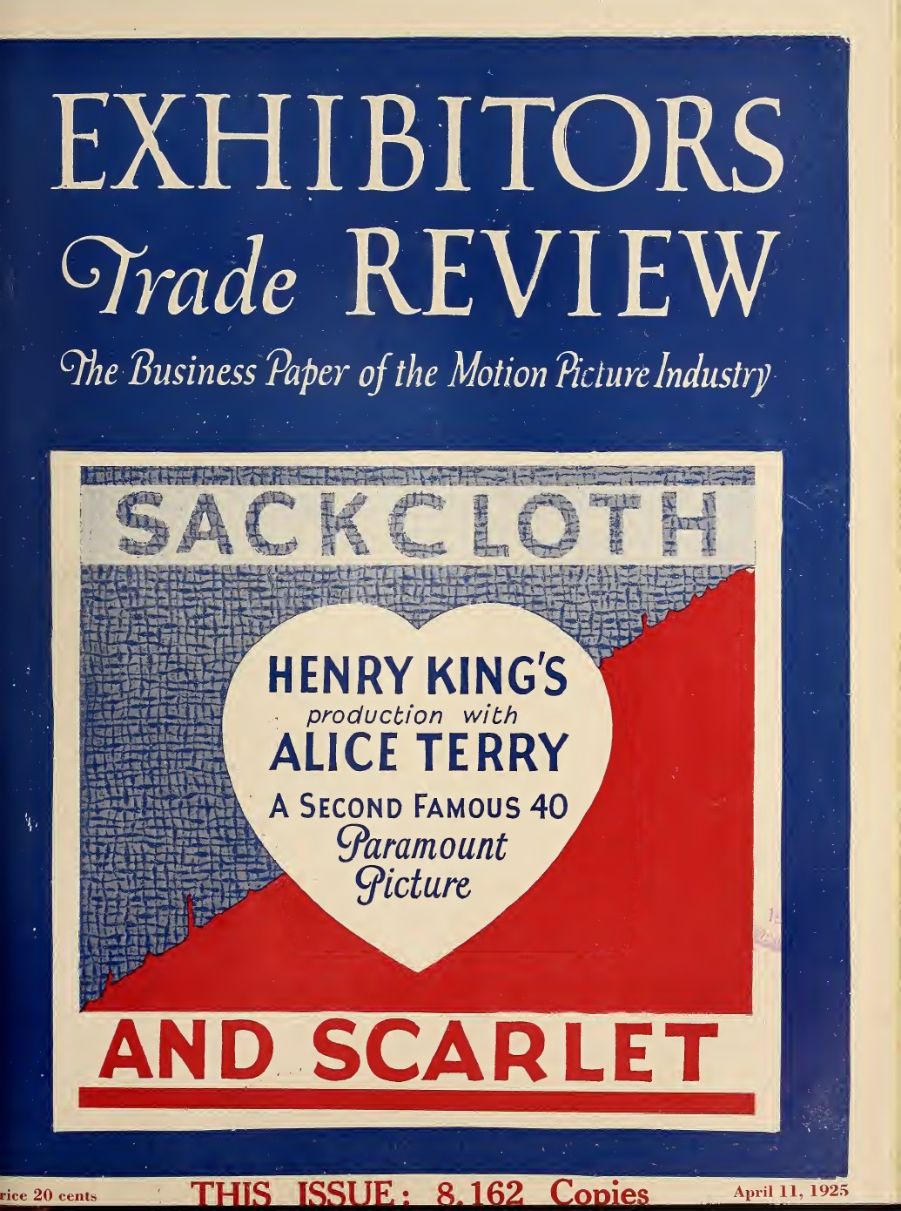 EXHIBITORS TRADE REVIEW magazine side cover 11 April 1925