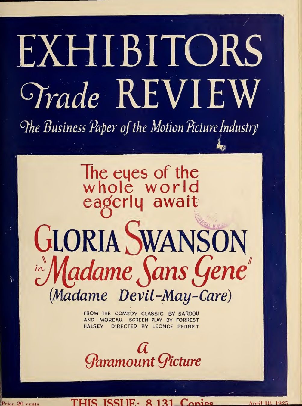 EXHIBITORS TRADE REVIEW magazine side cover 18 April 1925