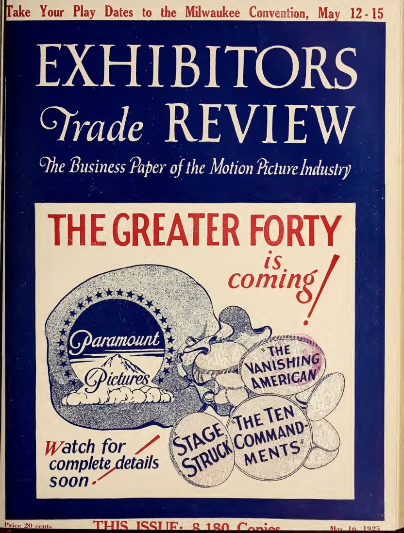 EXHIBITORS TRADE REVIEW magazine side cover 16 May 1925