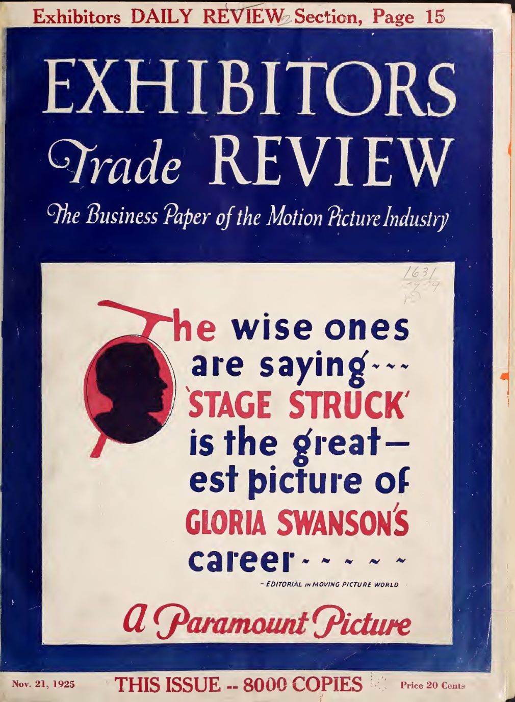 EXHIBITORS TRADE REVIEW magazine side cover 21 November 1925