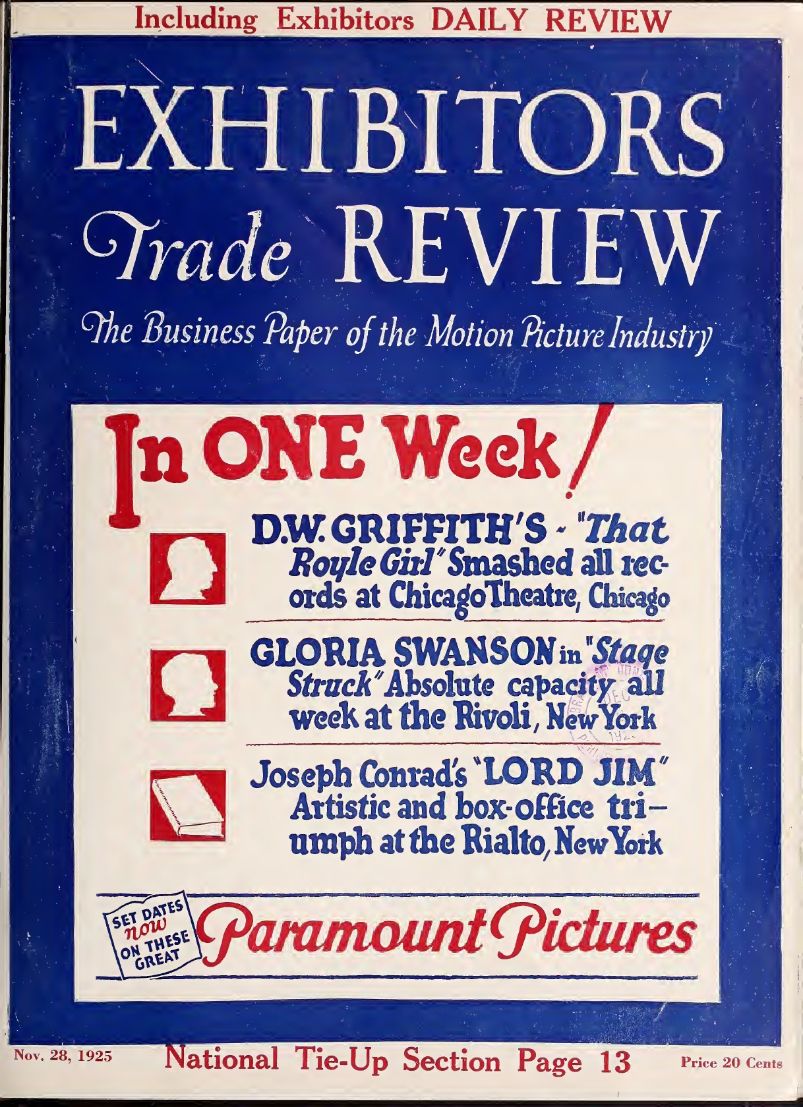 EXHIBITORS TRADE REVIEW magazine side cover 28 November 1925