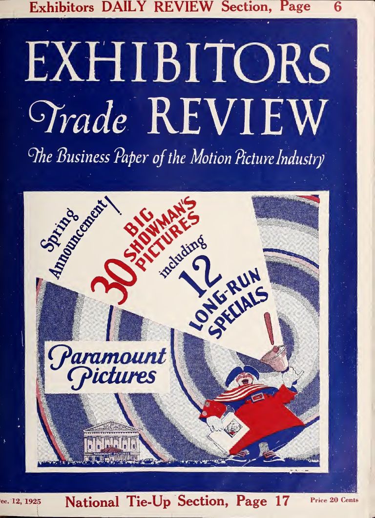 EXHIBITORS TRADE REVIEW magazine side cover 12 December 1925