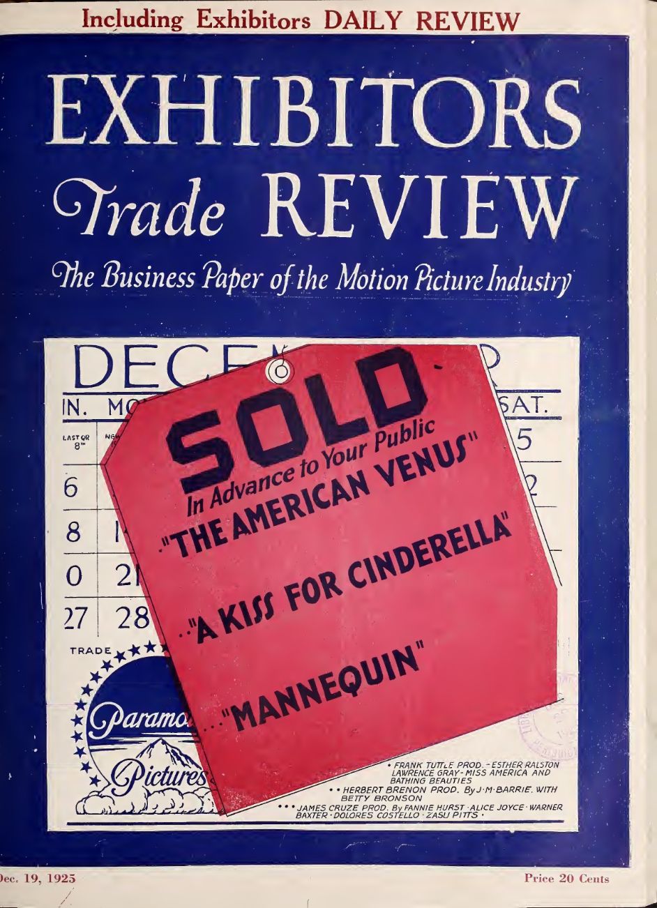 EXHIBITORS TRADE REVIEW magazine side cover 19 December 1925