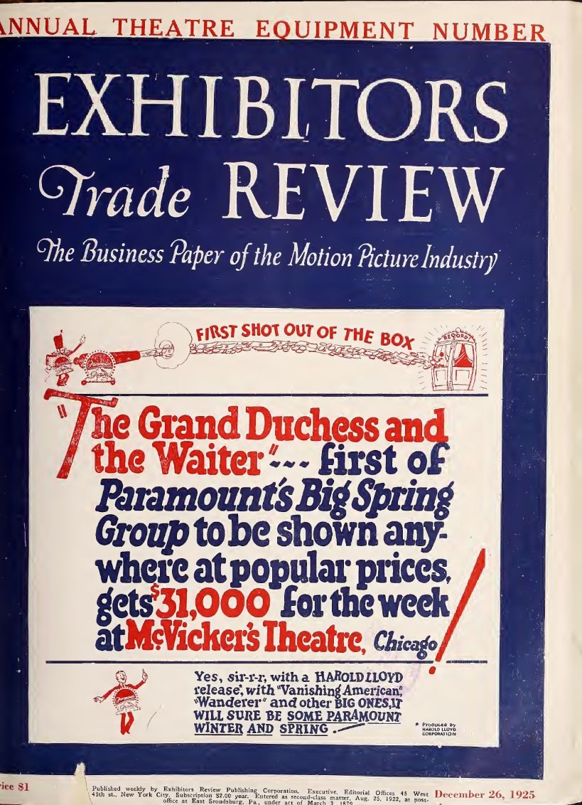 EXHIBITORS TRADE REVIEW magazine side cover 26 December 1925