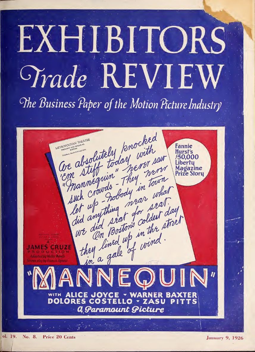 EXHIBITORS TRADE REVIEW magazine side cover 9 January 1926