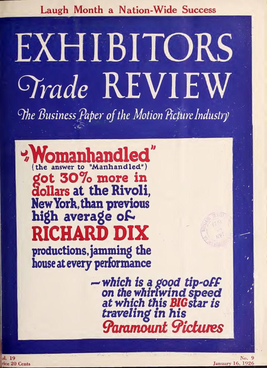 EXHIBITORS TRADE REVIEW magazine side cover 16 January 1926