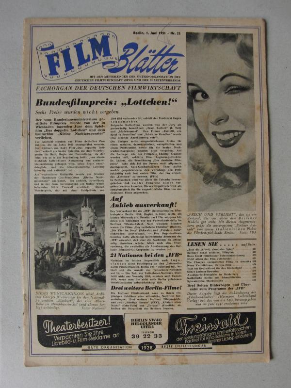 FILMBLATTER magazine side cover Issue 22 1 June 1951