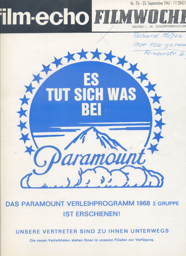 FILM-ECHO FILMWOCHE magazine side cover Issue 76 23 September 1967