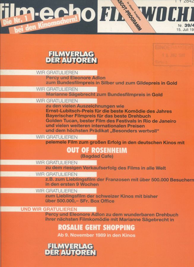 FILM-ECHO FILMWOCHE magazine side cover Issue 39-40 15 July 1988