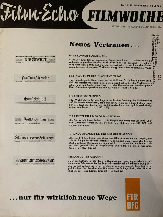 FILM-ECHO FILMWOCHE magazine side cover Issue 14 17 February 1962