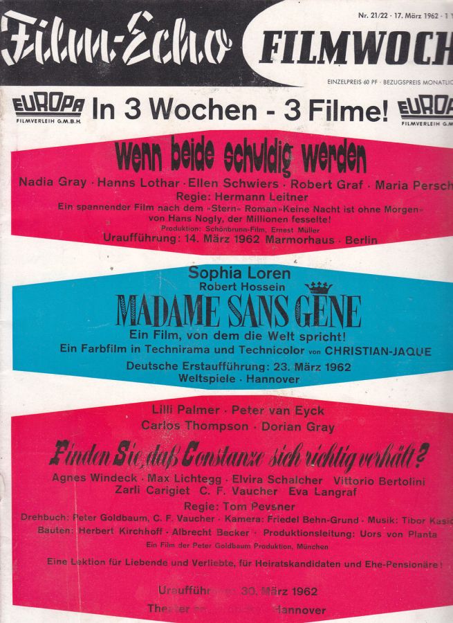 FILM-ECHO FILMWOCHE magazine side cover Issue 21-22 17 March 1962
