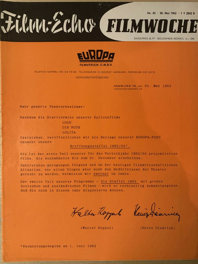 FILM-ECHO FILMWOCHE magazine side cover Issue 43 30 May 1962