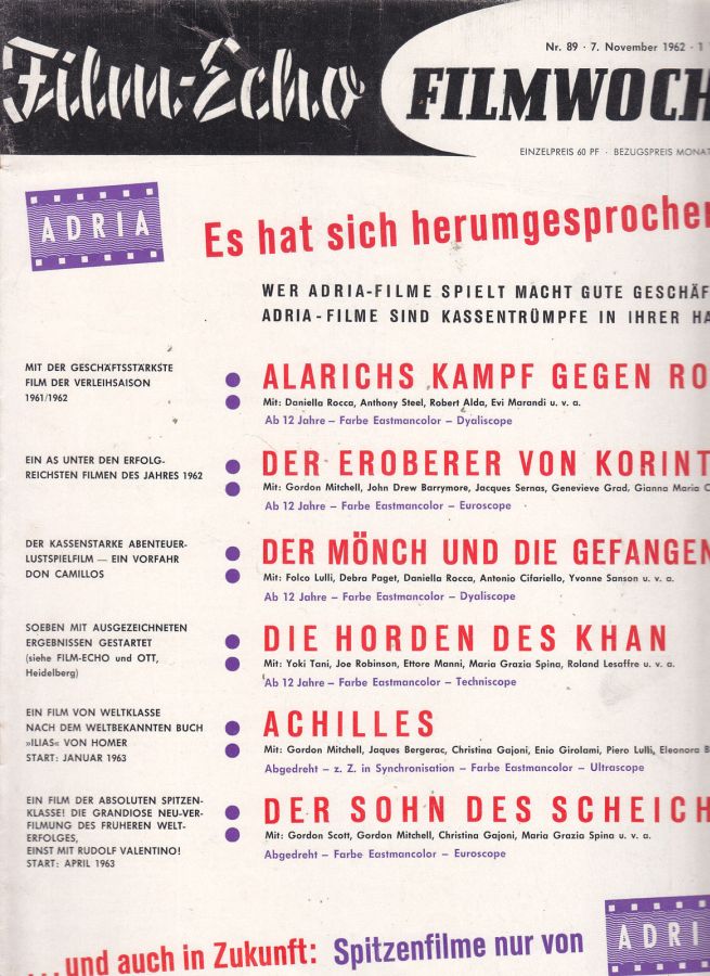 FILM-ECHO FILMWOCHE magazine side cover Issue 89 7 November 1962