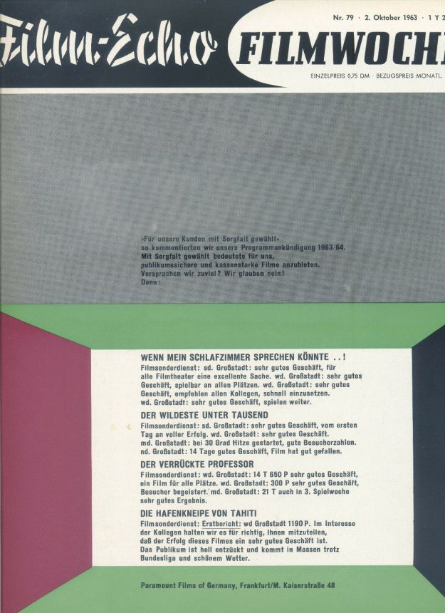 FILM-ECHO FILMWOCHE magazine side cover Issue 79 2 October 1963