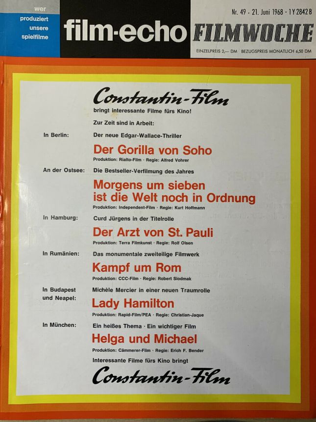 FILM-ECHO FILMWOCHE magazine side cover Issue 49 21 June 1968